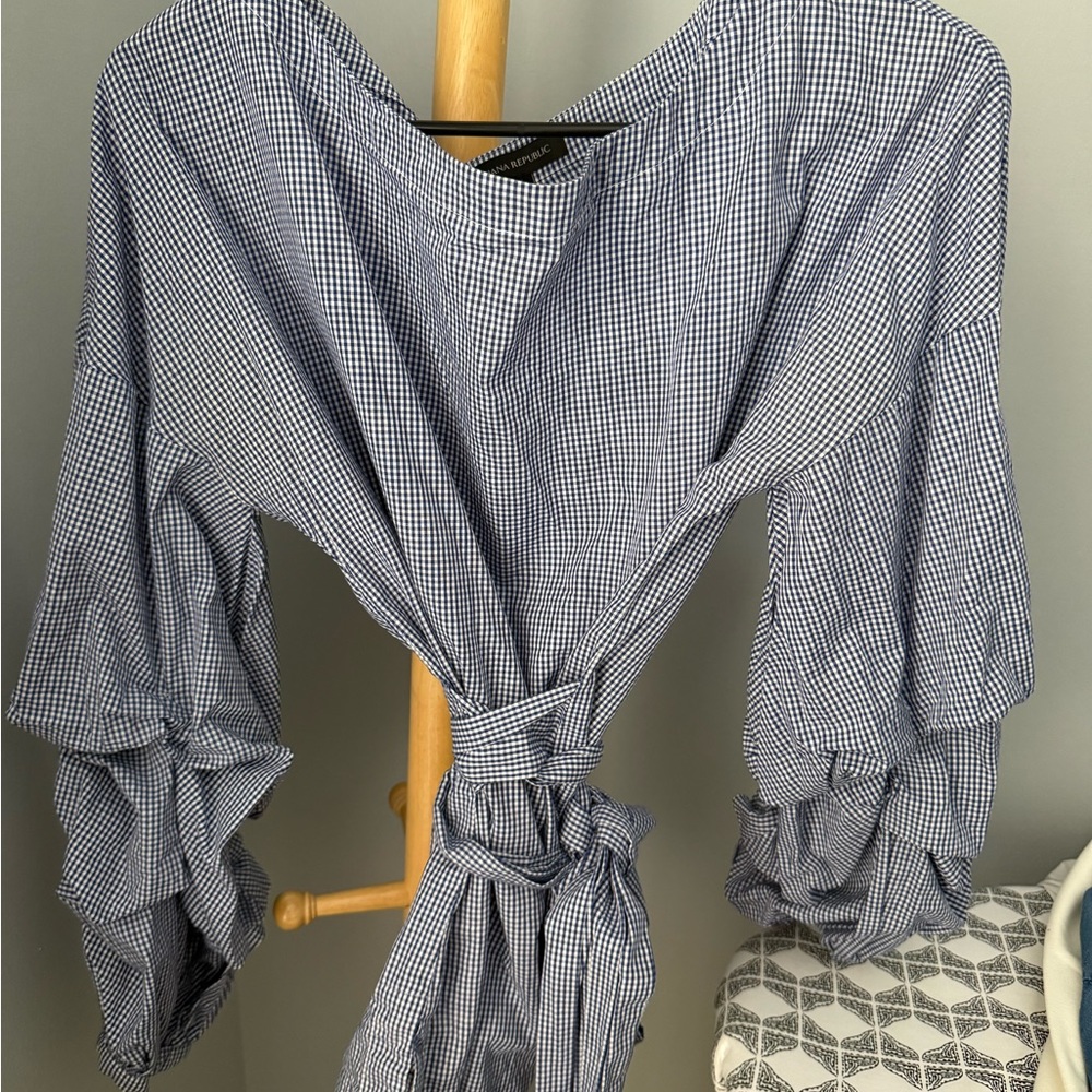 Banana Republic Navy Gingham Ruffle Blouse